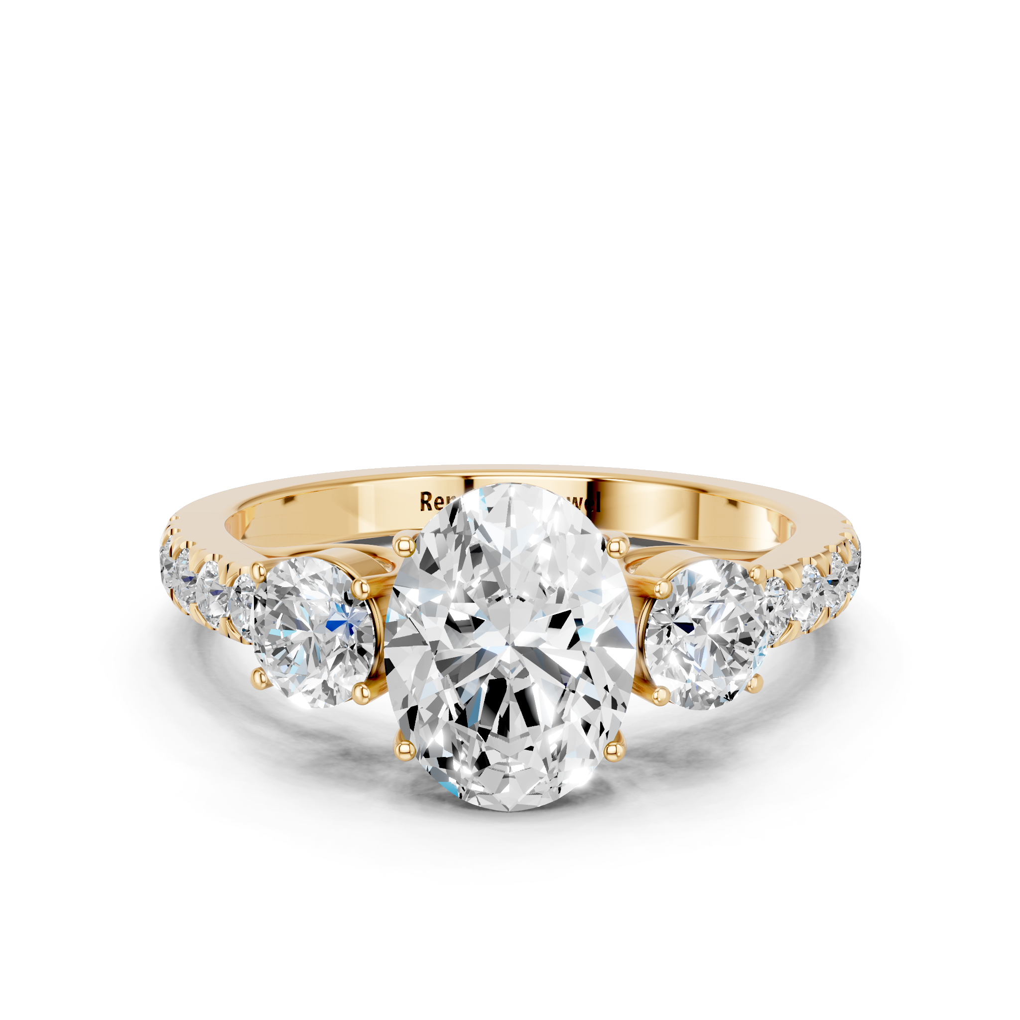 Yellow gold Oval Cut Three-Stone Diamond Pave Band with Prong Setting_79