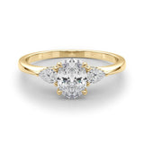Yellow gold Oval Cut Three-Stone Diamond Ring with Pear Side Stones on a Classic Solitaire Band with Prong Setting 1