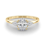14K Yellow Gold 1.55 Carat D VS1 Oval Cut Three-Stone Diamond Ring with Pear Side Stones on a Classic Solitaire Band with Prong Setting