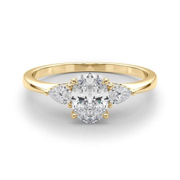 14K Yellow Gold 1.55 Carat D VS1 Oval Cut Three-Stone Diamond Ring with Pear Side Stones on a Classic Solitaire Band with Prong Setting