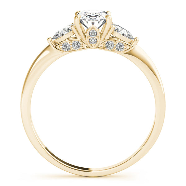 14K Yellow Gold 1.55 Carat D VS1 Oval Cut Three-Stone Diamond Ring with Pear Side Stones on a Classic Solitaire Band with Prong Setting