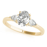 14K Yellow Gold 1.55 Carat D VS1 Oval Cut Three-Stone Diamond Ring with Pear Side Stones on a Classic Solitaire Band with Prong Setting
