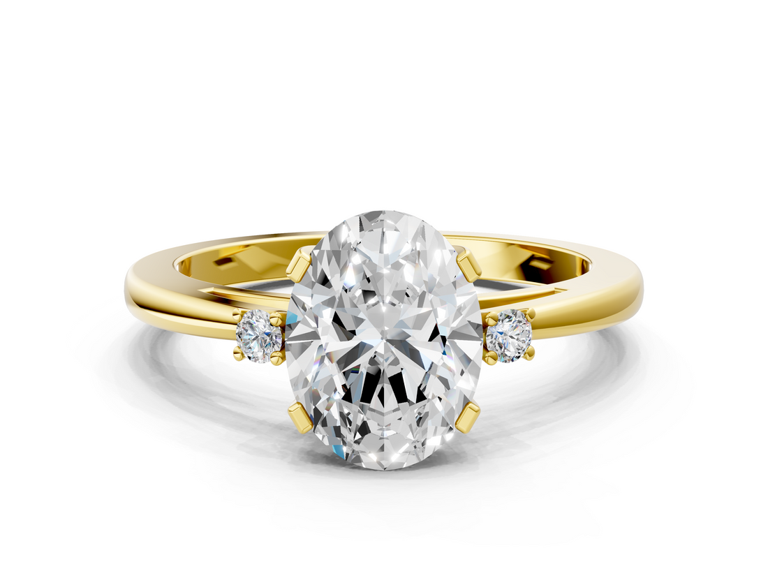 Yellow gold Oval Cut Three-Stone Solitaire Ring with Round Accent Diamonds and Four-Prong Setting_32