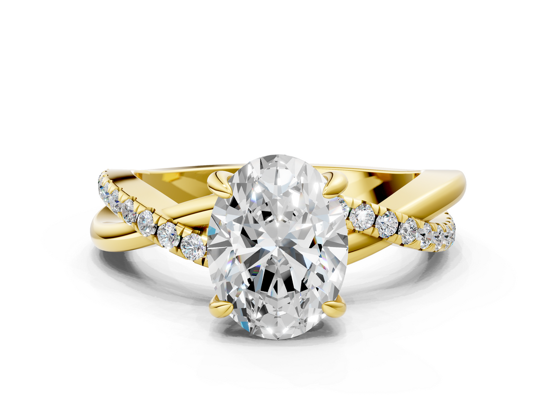 Yellow gold Oval Cut Twist Band Solitaire Diamond Ring with Pavé Setting_15