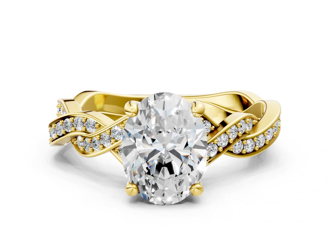 Yellow gold Oval Cut Twisted Pavé Band Solitaire Ring with Four-Prong Setting_89