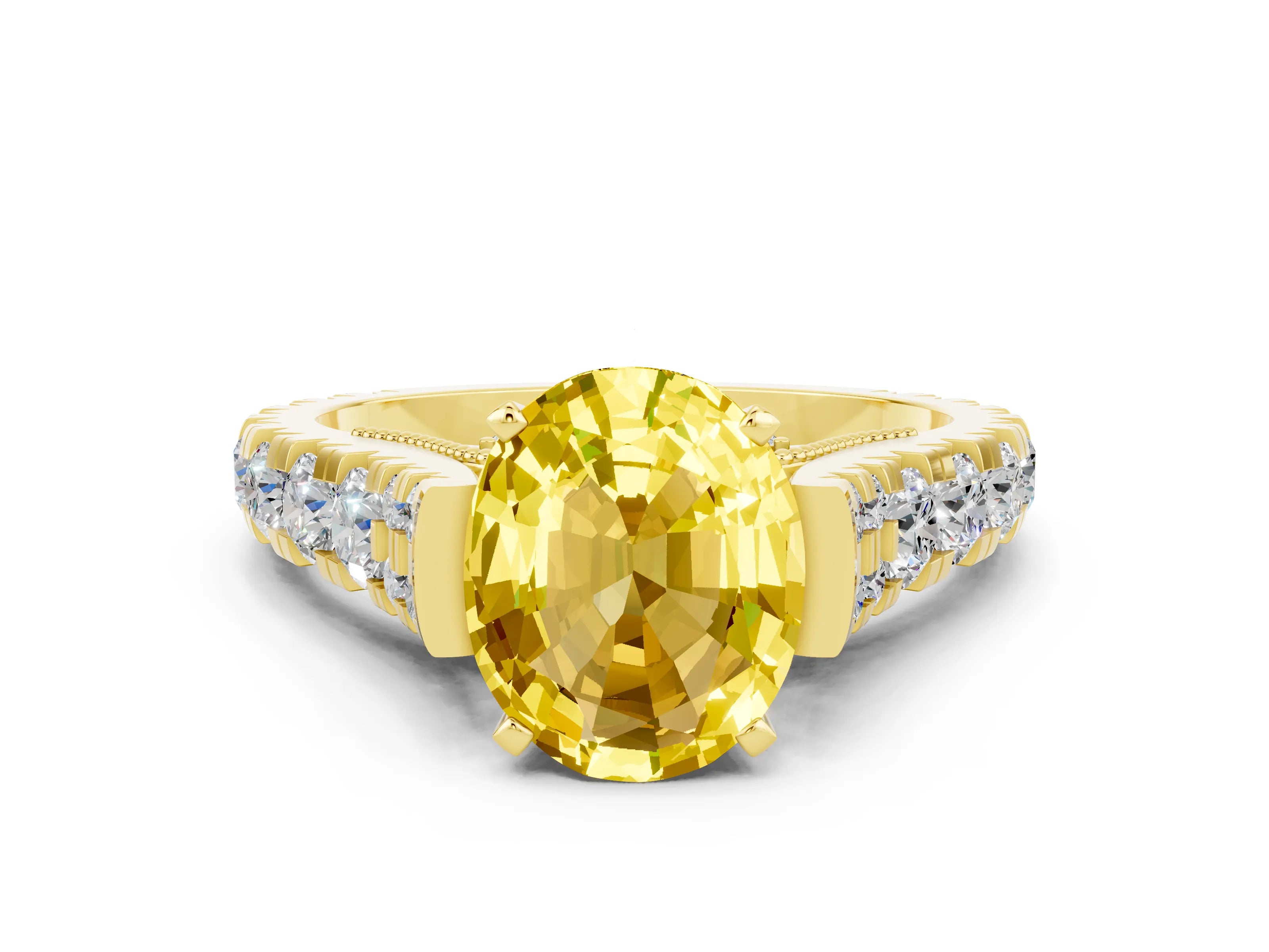 Yellow gold Oval Cut Yellow Sapphire Classic Solitaire Ring with Pavé Band and Four-Prong Setting_12