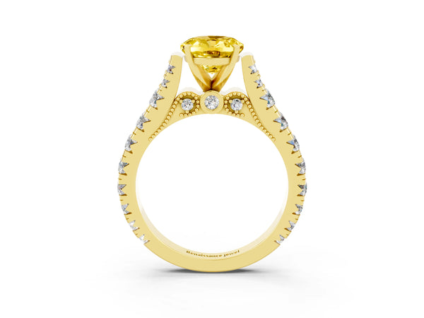 Yellow gold Oval Cut Yellow Sapphire Classic Solitaire Ring with Pavé Band and Four-Prong Setting