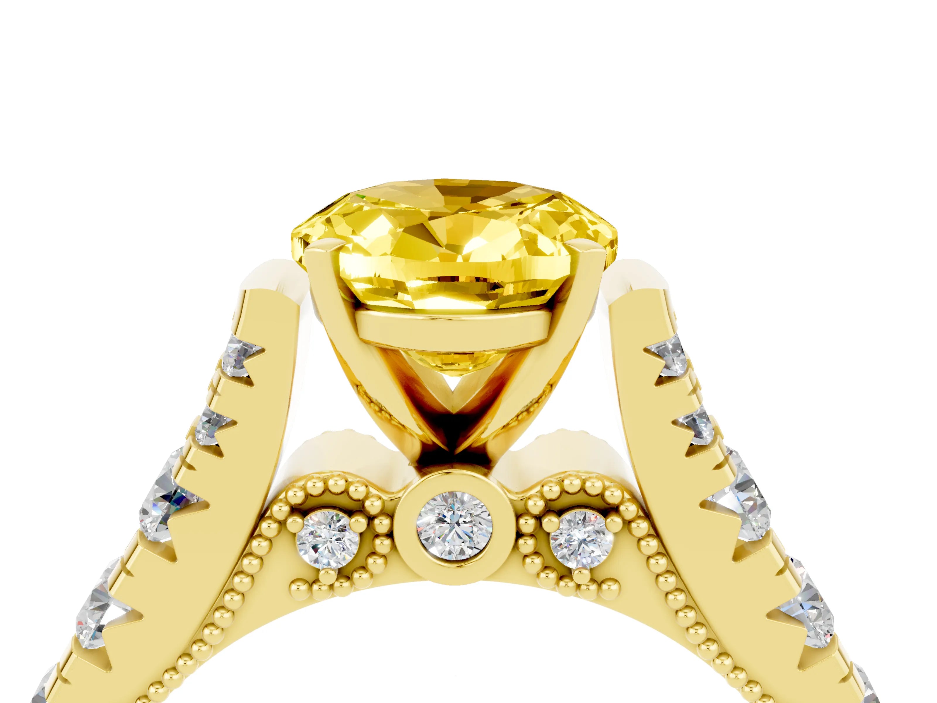Yellow gold Oval Cut Yellow Sapphire Classic Solitaire Ring with Pavé Band and Four-Prong Setting_16
