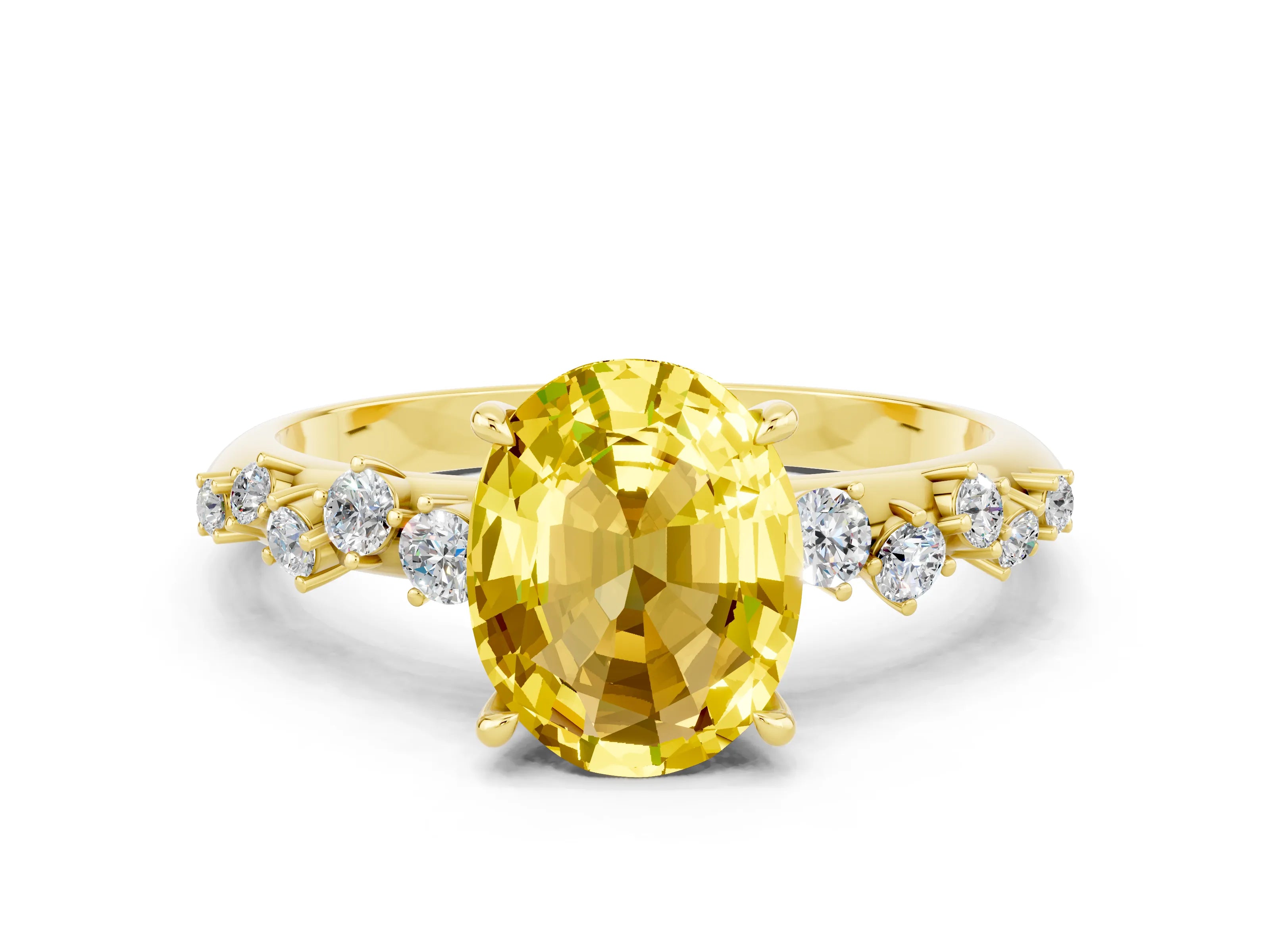 Yellow gold Oval Cut Yellow Sapphire Cluster Side Stone Solitaire Ring with Prong Setting_48