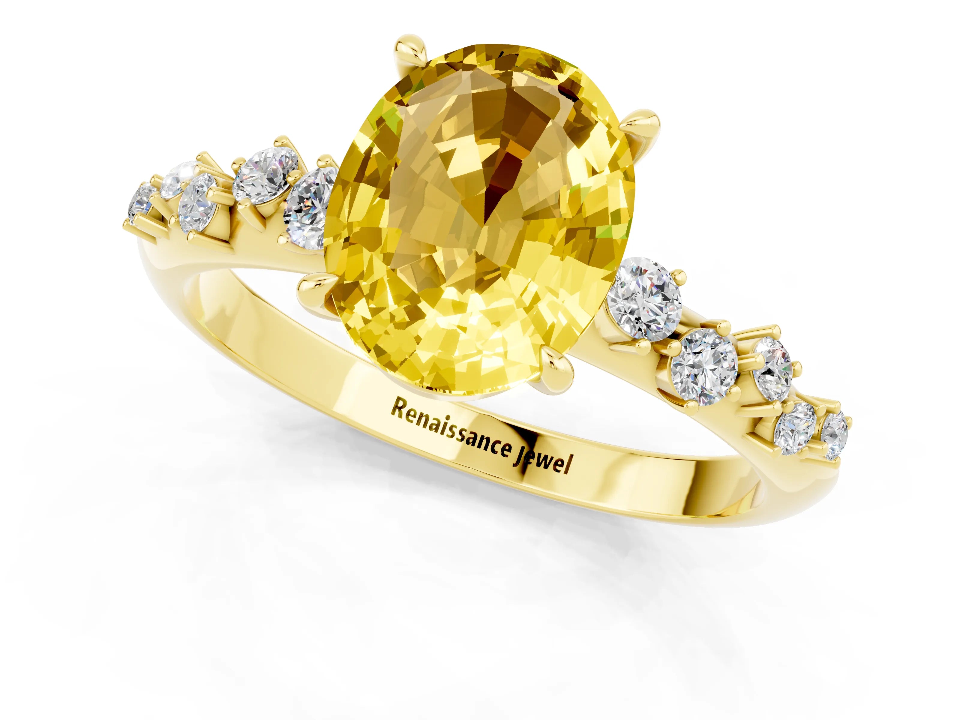 Yellow gold Oval Cut Yellow Sapphire Cluster Side Stone Solitaire Ring with Prong Setting_49