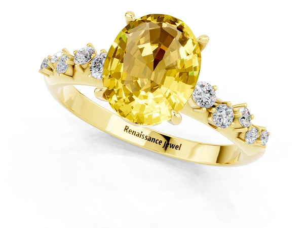 Yellow gold Oval Cut Yellow Sapphire Cluster Side Stone Solitaire Ring with Prong Setting