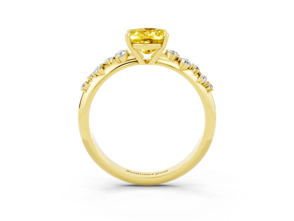 Yellow gold Oval Cut Yellow Sapphire Cluster Side Stone Solitaire Ring with Prong Setting
