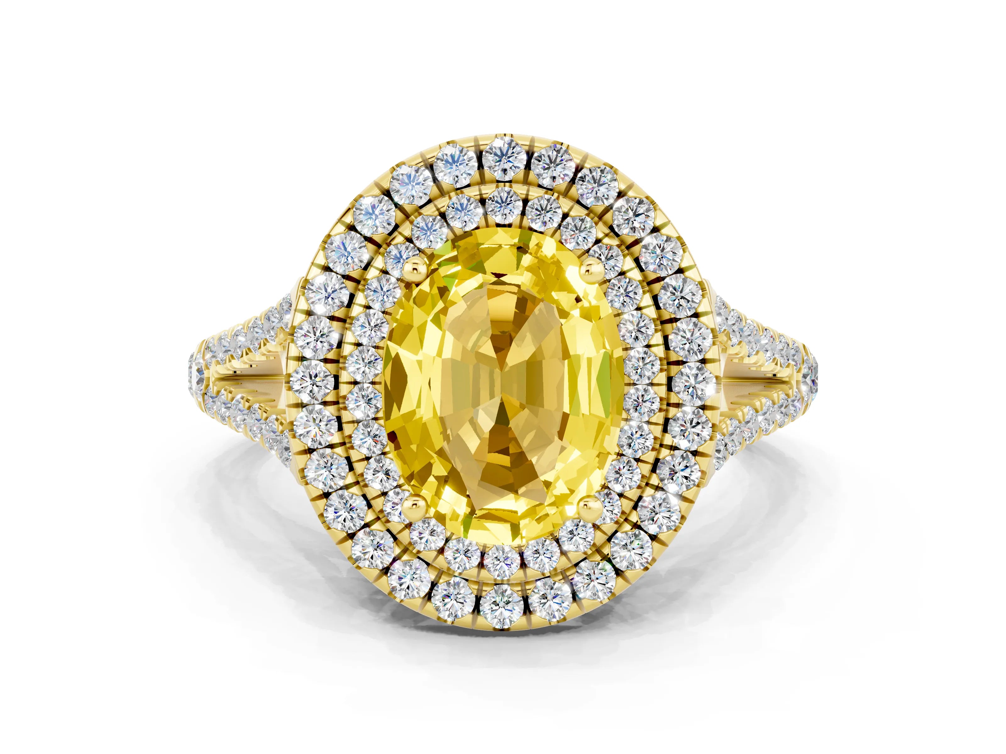 Yellow gold Oval Cut Yellow Sapphire Double Halo Ring with Pavé Band and Prong Setting_12