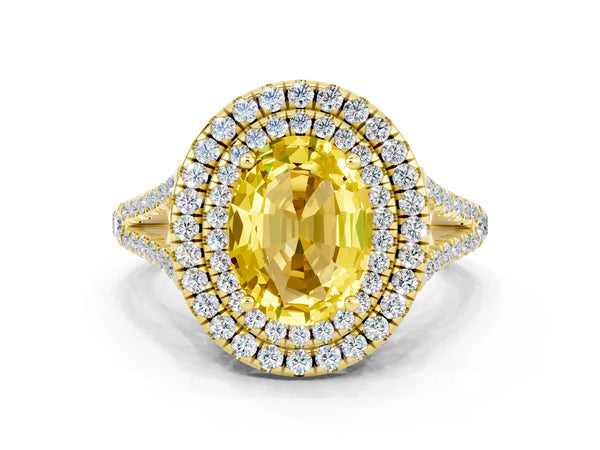 Yellow gold Oval Cut Yellow Sapphire Double Halo Ring with Pavé Band and Prong Setting