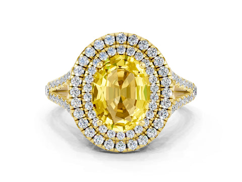 Yellow gold Oval Cut Yellow Sapphire Double Halo Ring with Pavé Band and Prong Setting_12