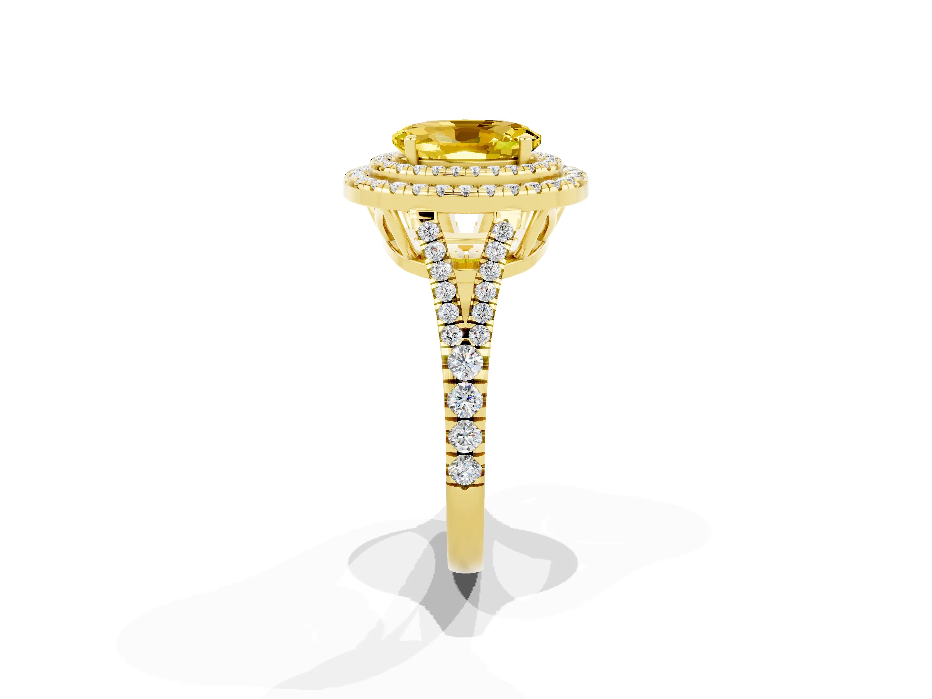 Yellow gold Oval Cut Yellow Sapphire Double Halo Ring with Pavé Band and Prong Setting_13