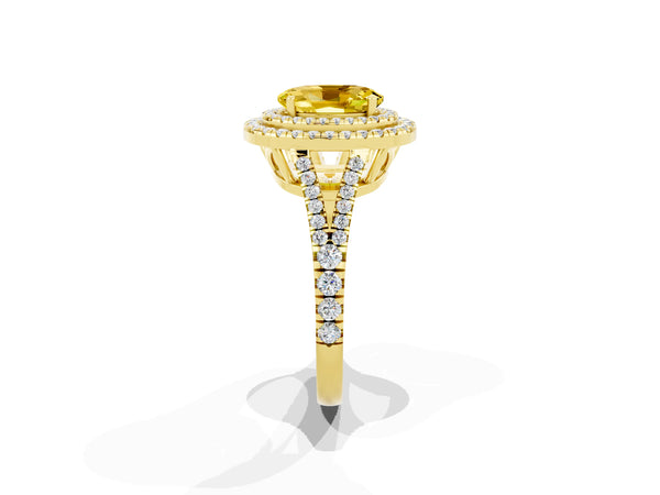 Yellow gold Oval Cut Yellow Sapphire Double Halo Ring with Pavé Band and Prong Setting