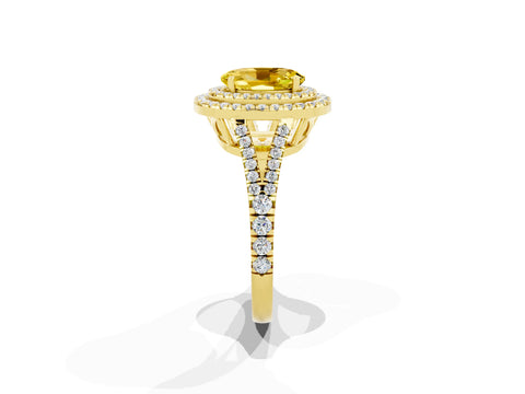 Yellow gold Oval Cut Yellow Sapphire Double Halo Ring with Pavé Band and Prong Setting_13