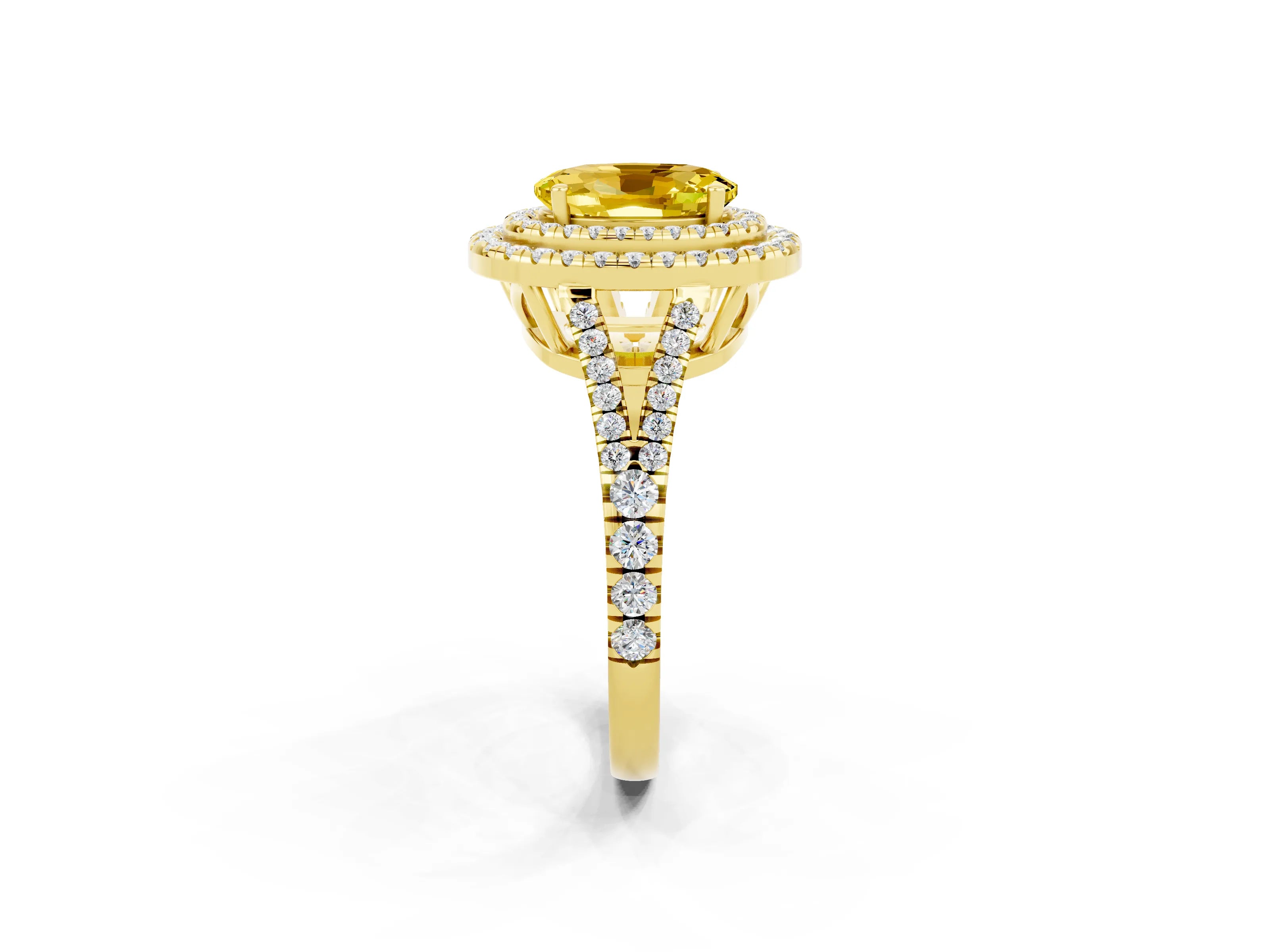 Yellow gold Oval Cut Yellow Sapphire Double Halo Ring with Pavé Band and Prong Setting_14