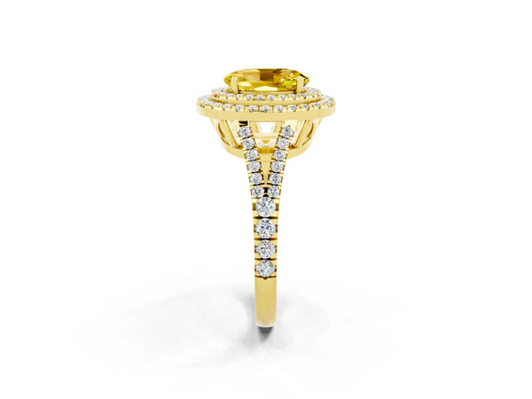 Yellow gold Oval Cut Yellow Sapphire Double Halo Ring with Pavé Band and Prong Setting