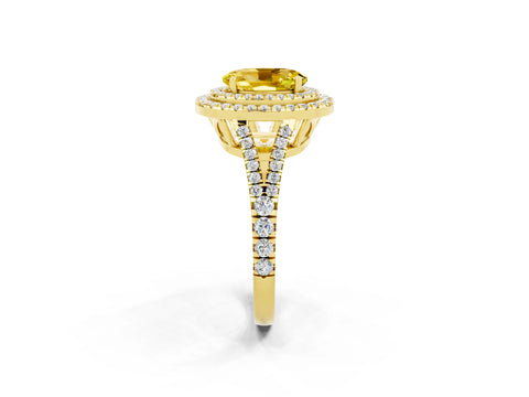 Yellow gold Oval Cut Yellow Sapphire Double Halo Ring with Pavé Band and Prong Setting_14
