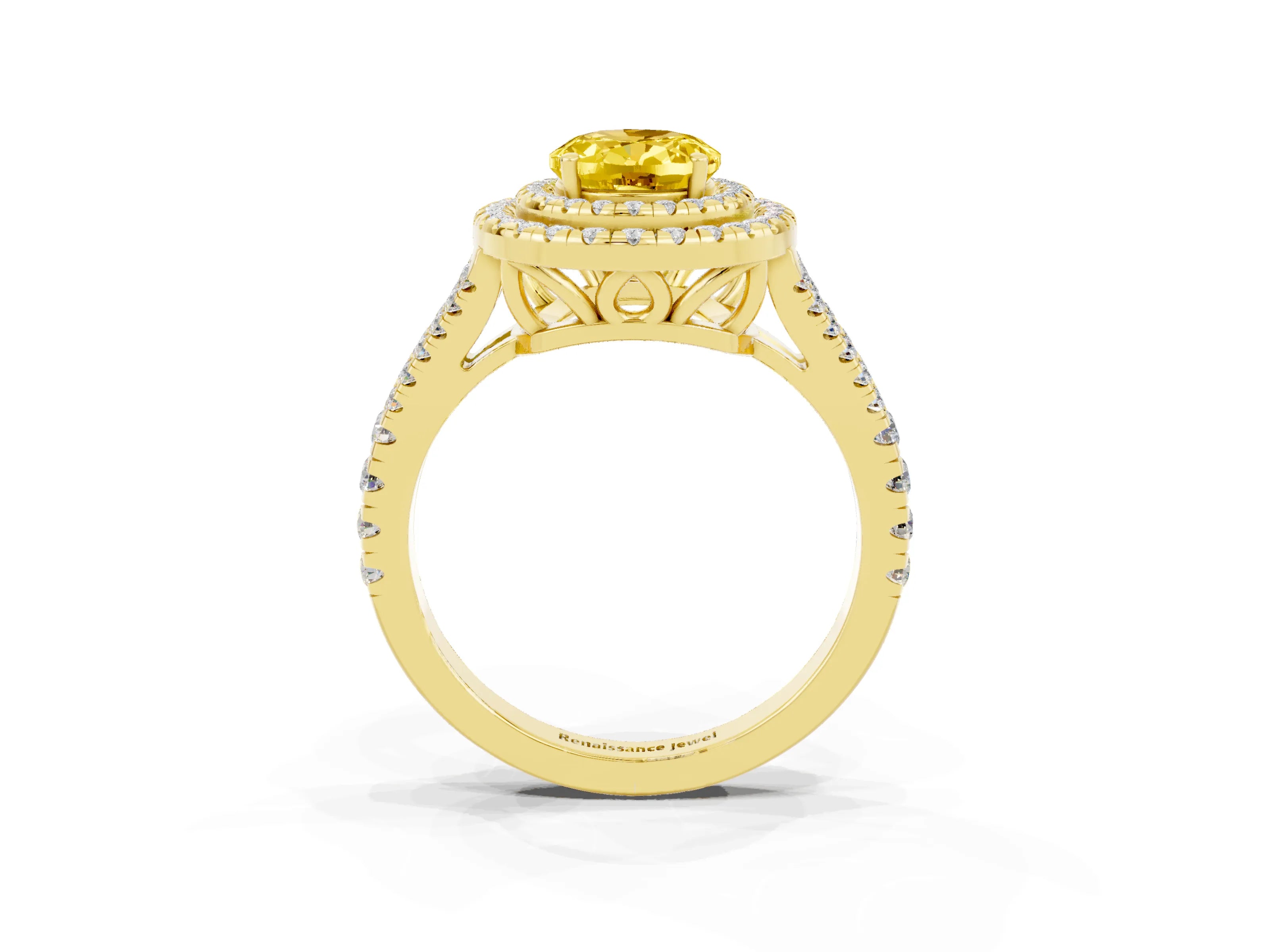 Yellow gold Oval Cut Yellow Sapphire Double Halo Ring with Pavé Band and Prong Setting_15