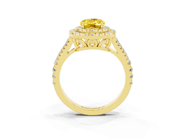 Yellow gold Oval Cut Yellow Sapphire Double Halo Ring with Pavé Band and Prong Setting