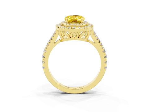Yellow gold Oval Cut Yellow Sapphire Double Halo Ring with Pavé Band and Prong Setting_15