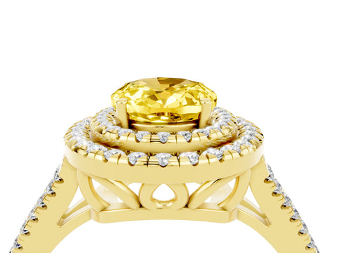 Yellow gold Oval Cut Yellow Sapphire Double Halo Ring with Pavé Band and Prong Setting_16