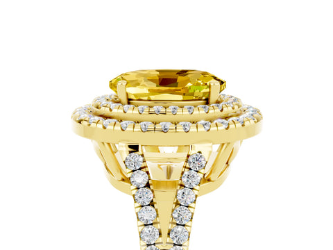 Yellow gold Oval Cut Yellow Sapphire Double Halo Ring with Pavé Band and Prong Setting_17