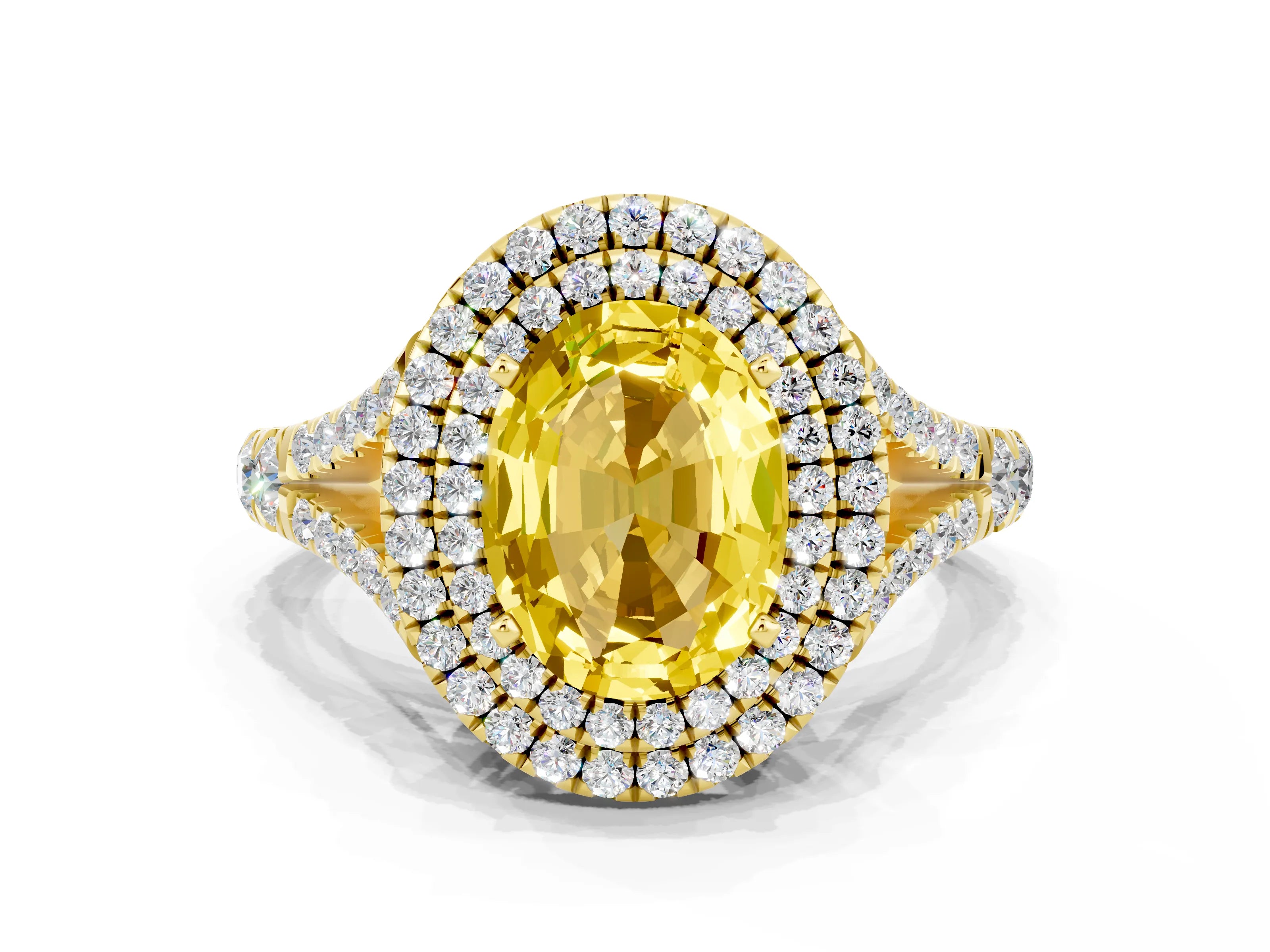 Yellow gold Oval Cut Yellow Sapphire Double Halo Ring with Split Shank and Prong Setting_12