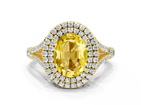 Yellow gold Oval Cut Yellow Sapphire Double Halo Ring with Split Shank and Prong Setting_12