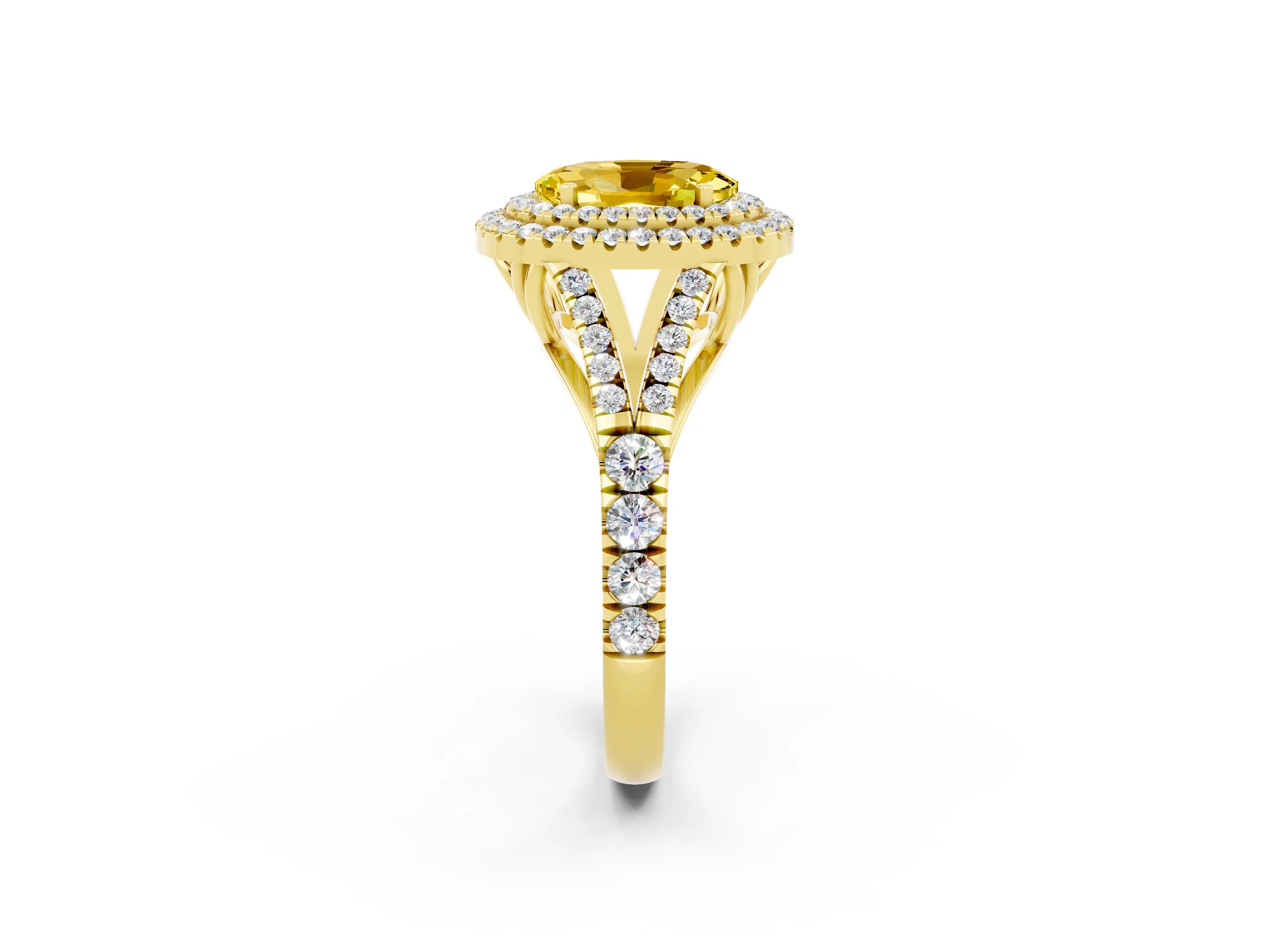 Yellow gold Oval Cut Yellow Sapphire Double Halo Ring with Split Shank and Prong Setting_14