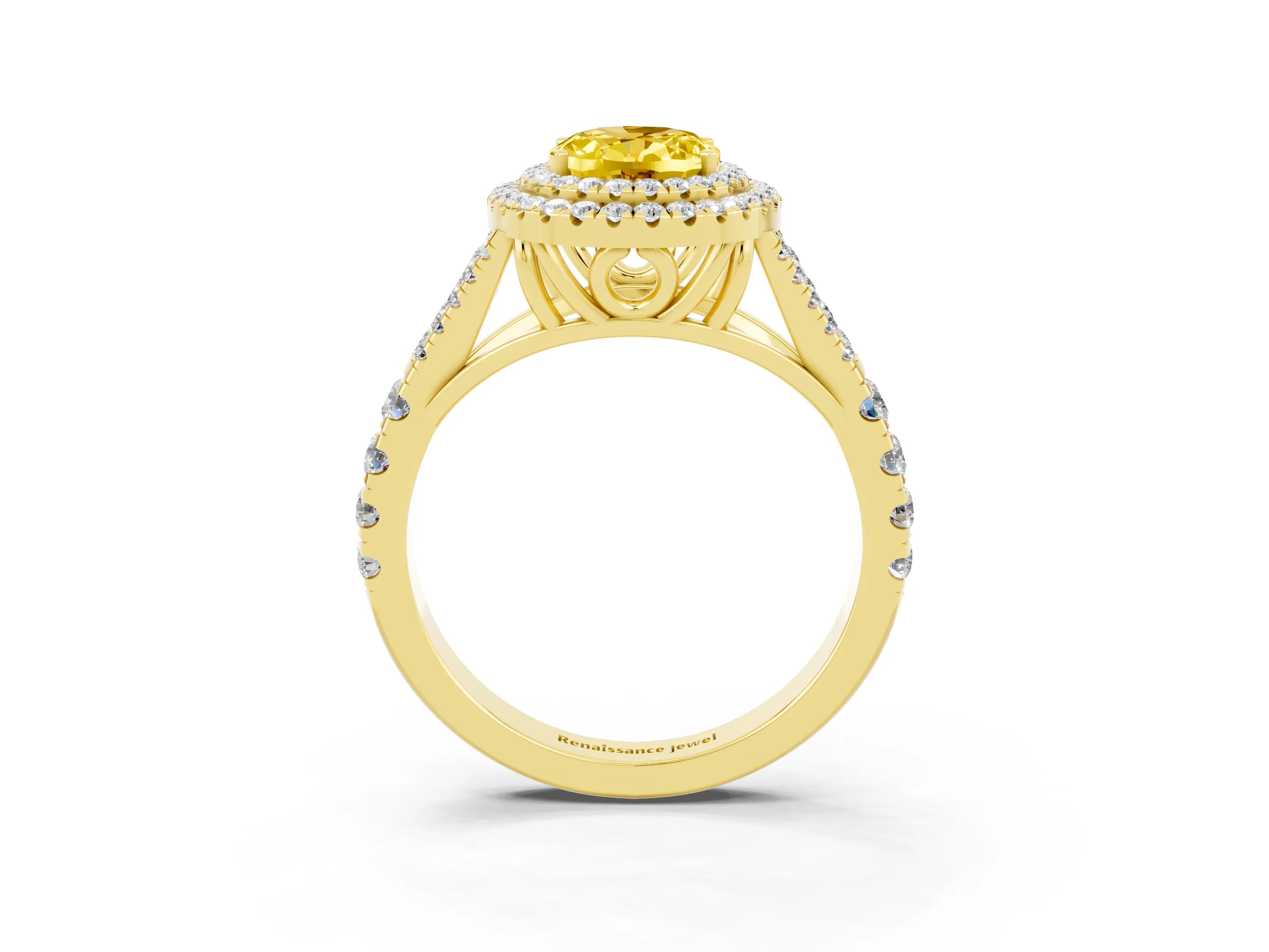 Yellow gold Oval Cut Yellow Sapphire Double Halo Ring with Split Shank and Prong Setting_15