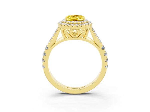 Yellow gold Oval Cut Yellow Sapphire Double Halo Ring with Split Shank and Prong Setting