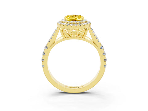 Yellow gold Oval Cut Yellow Sapphire Double Halo Ring with Split Shank and Prong Setting_15