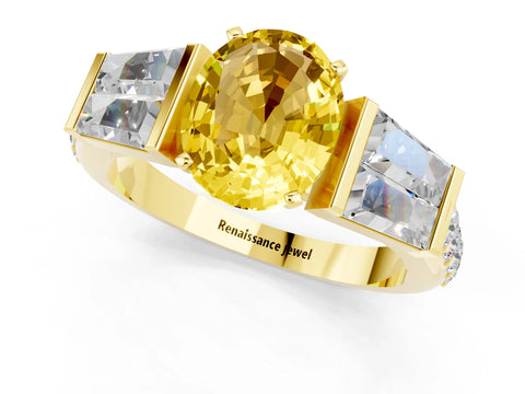 Yellow gold Oval Cut Yellow Sapphire Engagement Ring with Baguette Side Stones and Channel Set Band_1