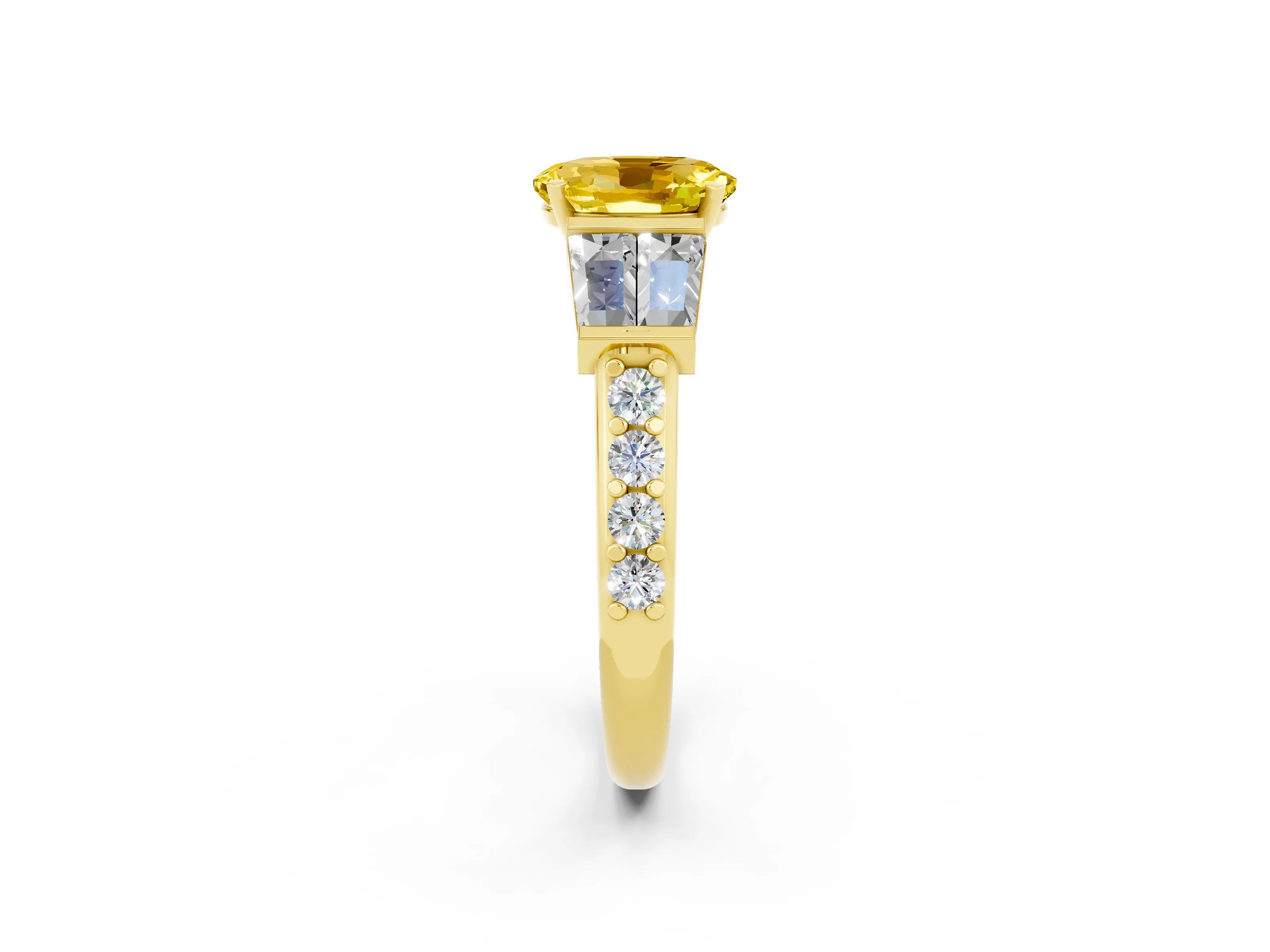 Yellow gold Oval Cut Yellow Sapphire Engagement Ring with Baguette Side Stones and Channel Set Band_2