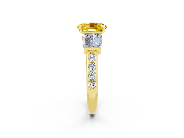 Yellow gold Oval Cut Yellow Sapphire Engagement Ring with Baguette Side Stones and Channel Set Band