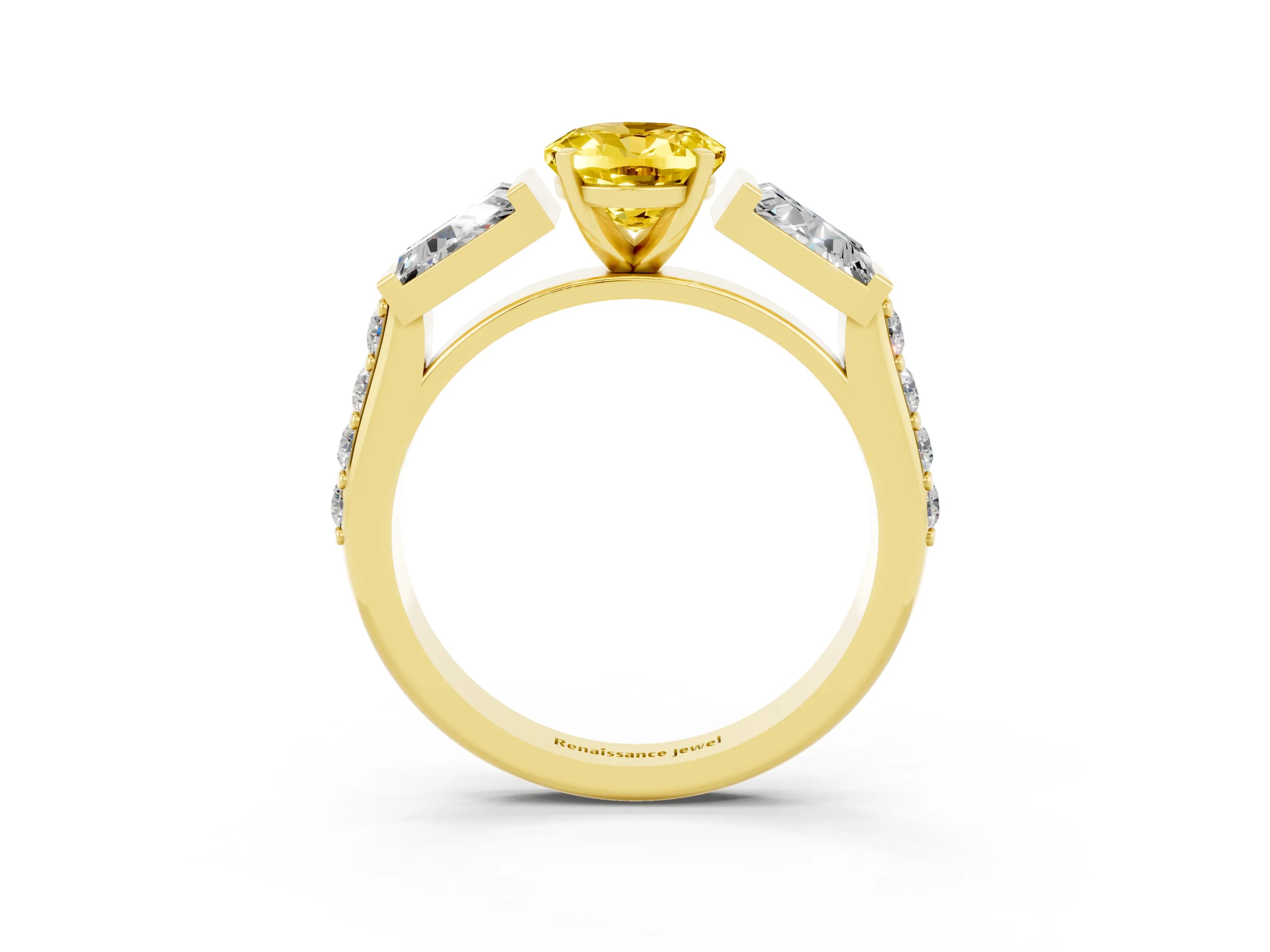 Yellow gold Oval Cut Yellow Sapphire Engagement Ring with Baguette Side Stones and Channel Set Band_3