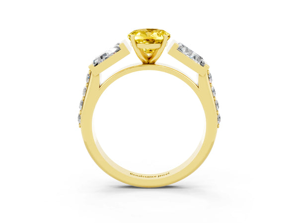 Yellow gold Oval Cut Yellow Sapphire Engagement Ring with Baguette Side Stones and Channel Set Band