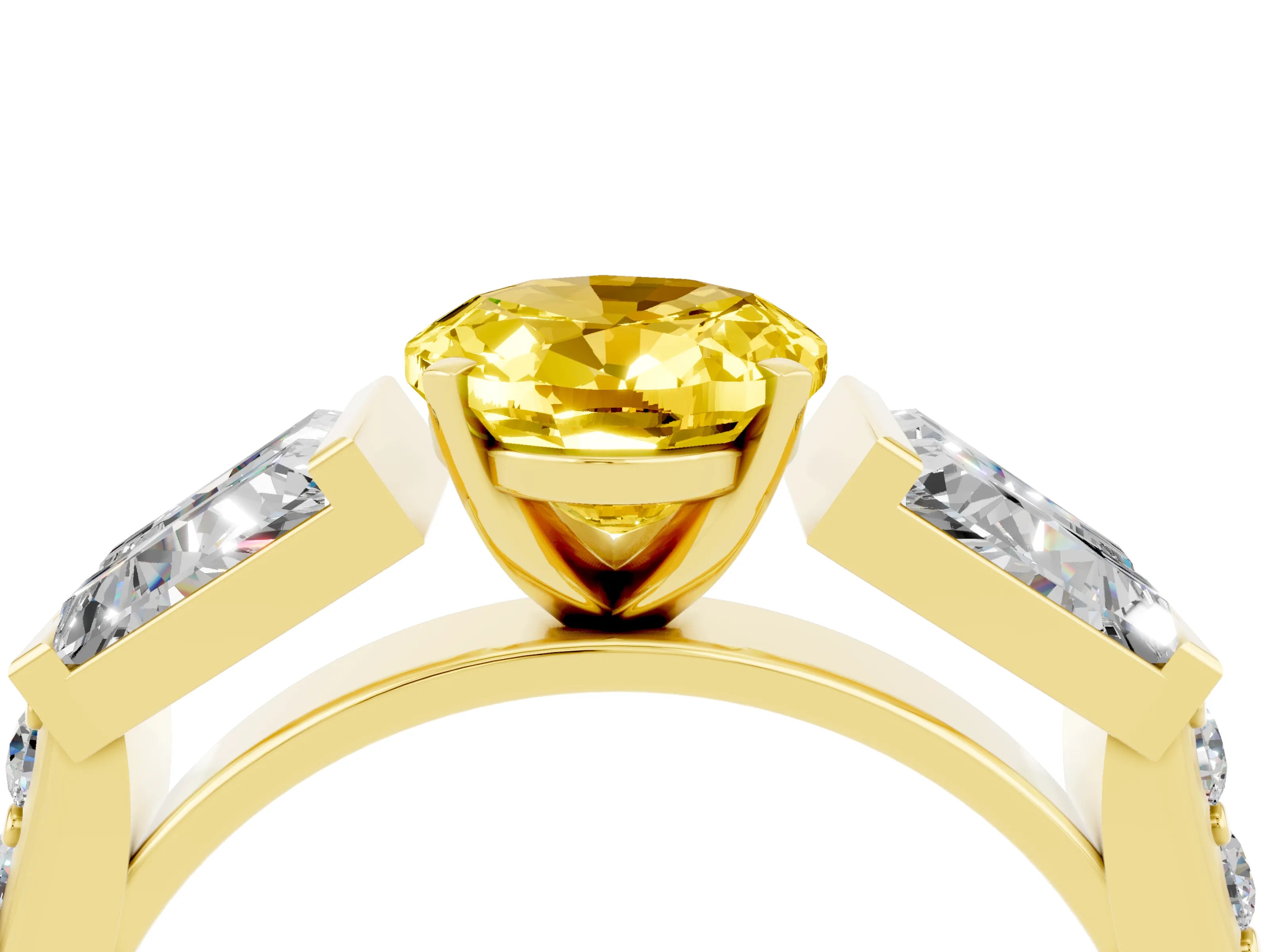 Yellow gold Oval Cut Yellow Sapphire Engagement Ring with Baguette Side Stones and Channel Set Band_4