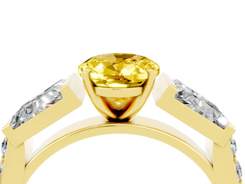 Yellow gold Oval Cut Yellow Sapphire Engagement Ring with Baguette Side Stones and Channel Set Band_4