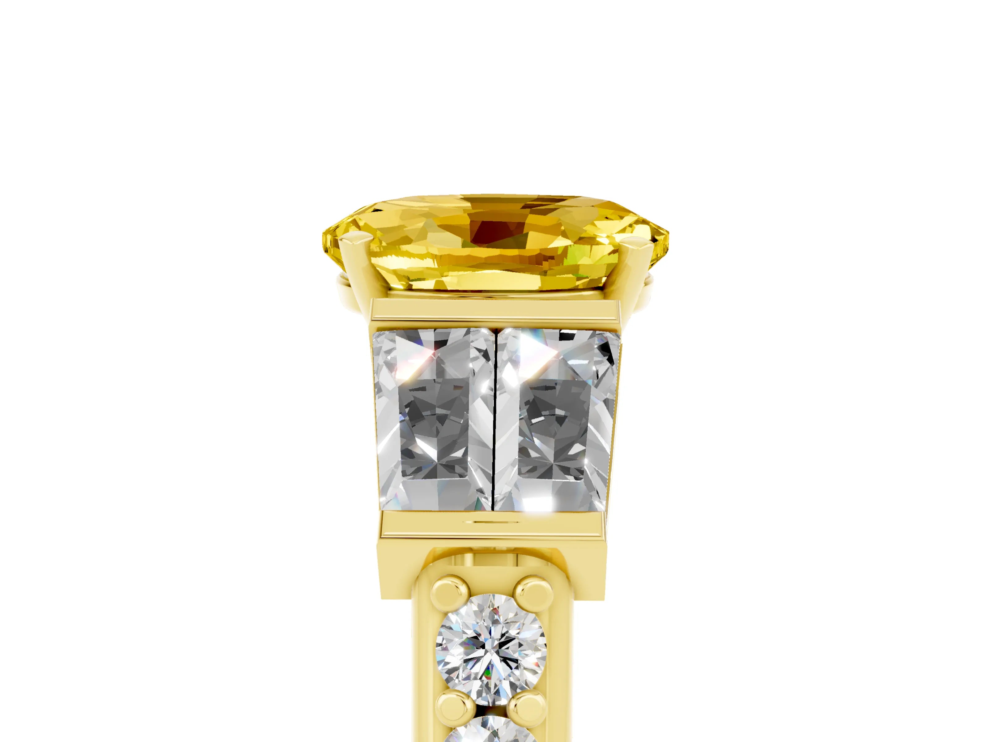 Yellow gold Oval Cut Yellow Sapphire Engagement Ring with Baguette Side Stones and Channel Set Band_5