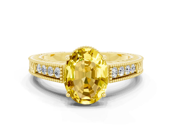 Yellow gold Oval Cut Yellow Sapphire Engagement Ring with Milgrain Channel Set Band and Prong Setting