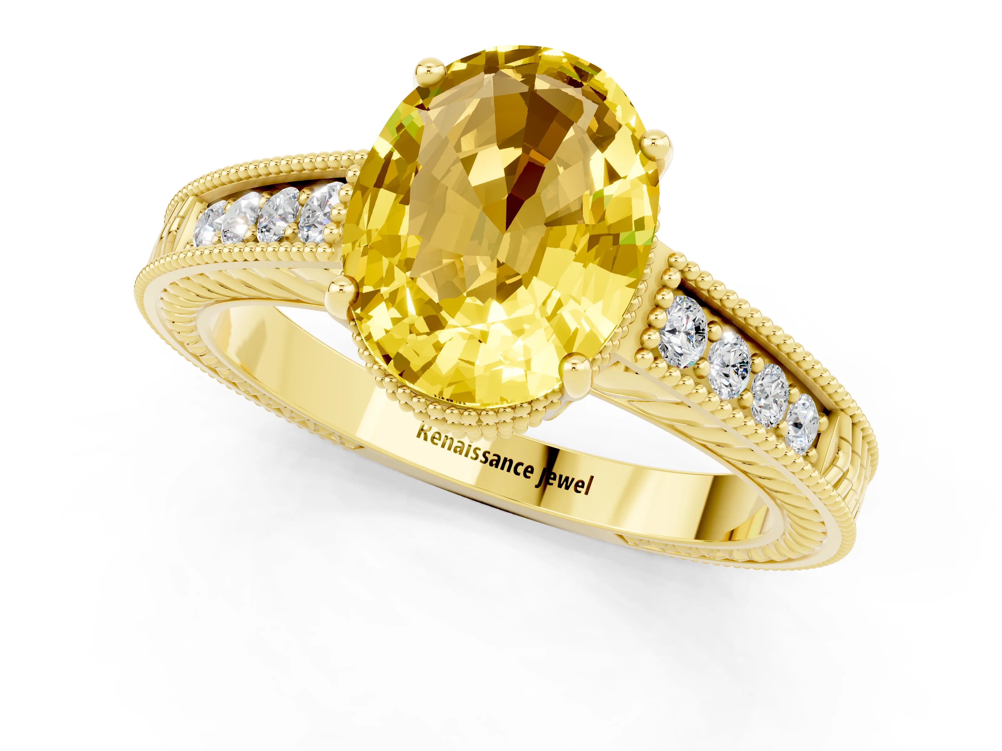Yellow gold Oval Cut Yellow Sapphire Engagement Ring with Milgrain Channel Set Band and Prong Setting_25