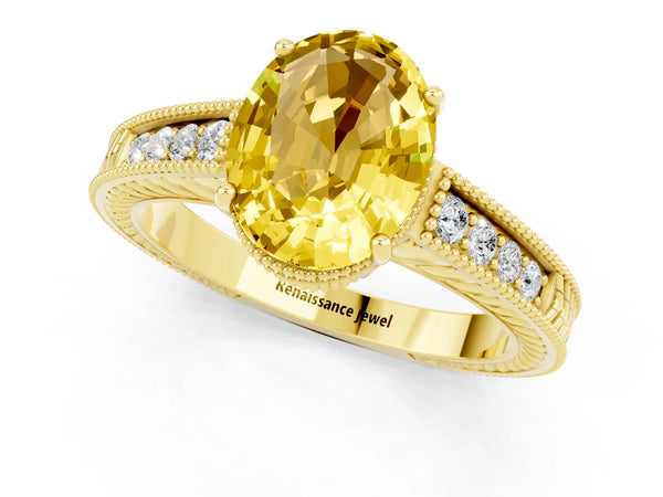 Yellow gold Oval Cut Yellow Sapphire Engagement Ring with Milgrain Channel Set Band and Prong Setting
