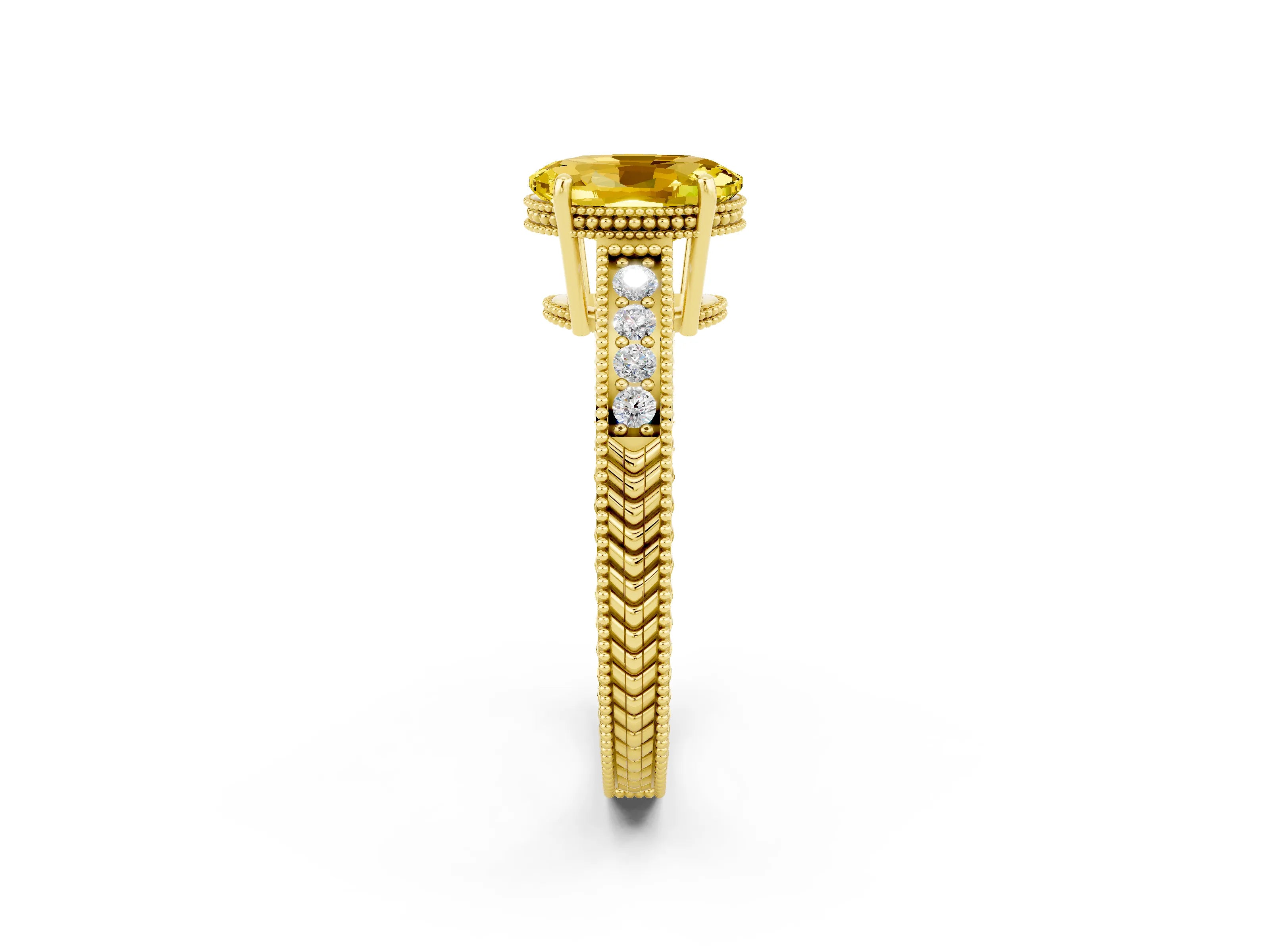 Yellow gold Oval Cut Yellow Sapphire Engagement Ring with Milgrain Channel Set Band and Prong Setting_26