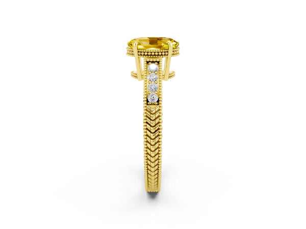 Yellow gold Oval Cut Yellow Sapphire Engagement Ring with Milgrain Channel Set Band and Prong Setting