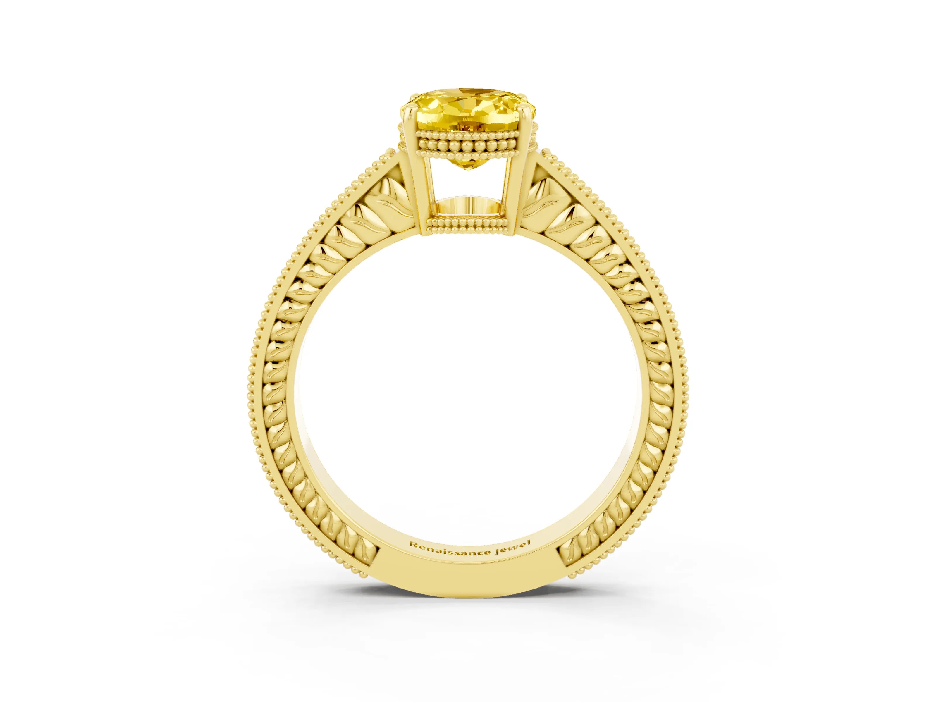 Yellow gold Oval Cut Yellow Sapphire Engagement Ring with Milgrain Channel Set Band and Prong Setting_27